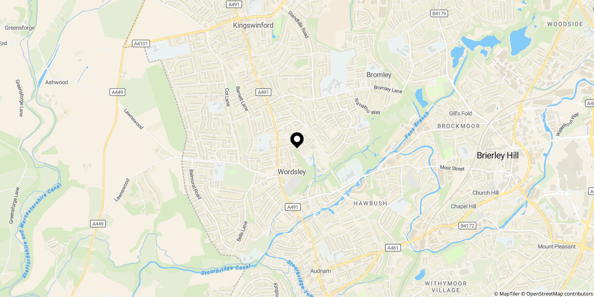 Approximate location of Dunsley Drive, Wordsley, DY8 5RA